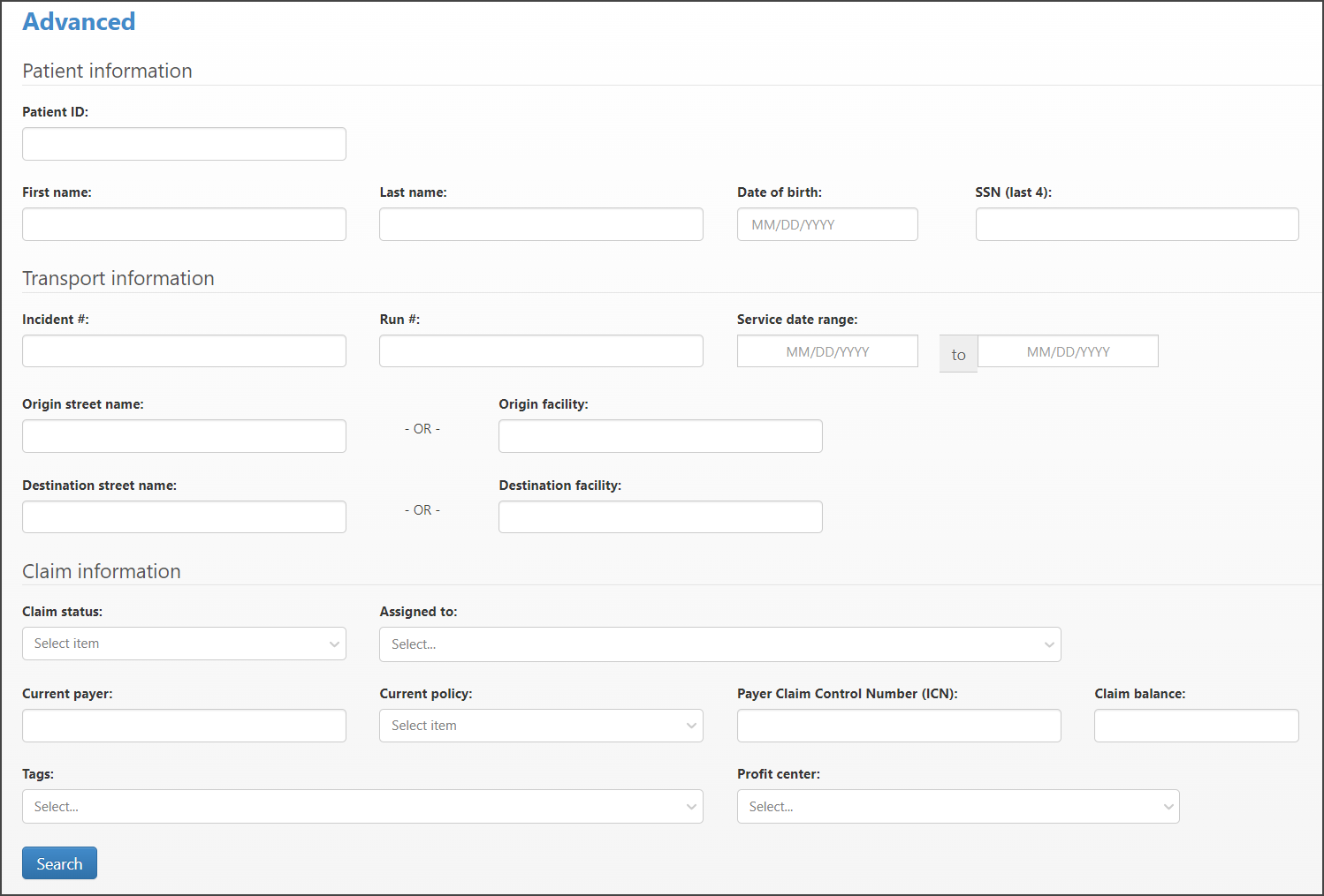 You can search by patient ID, full name, DOB, SSN and claim information.
